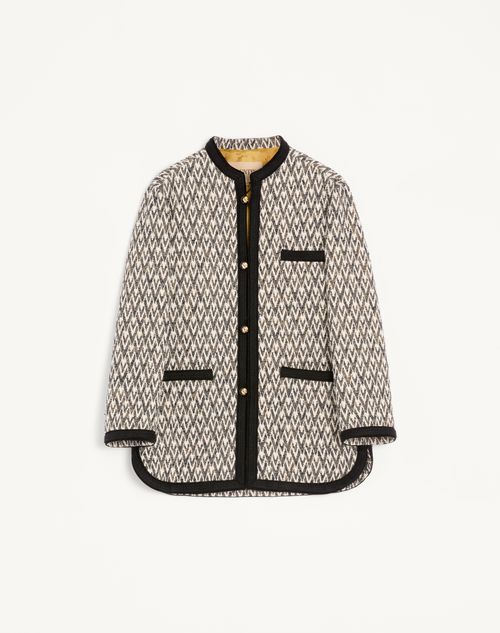 Valentino - Valentino Bouclé Wool Jacket With Toute La V Jacquard Pattern - Navy/beige - Man - Outerwear