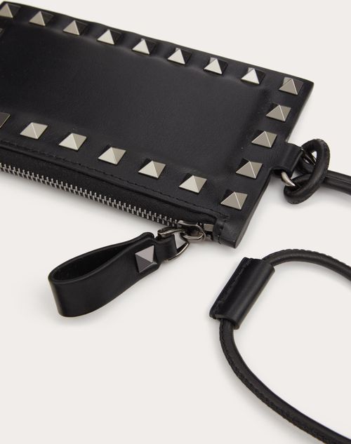 Valentino Garavani - Rockstud Calfskin Card Holder With Neck Strap - Black - Man - Man Bags & Accessories Sale