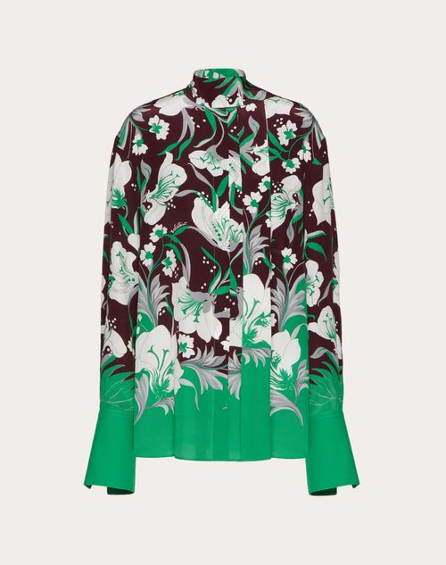 Valentino - Crepe De Chine Shirt With Street Flowers Tulipop Print - Wine/green/ivory - Woman - Woman Sale