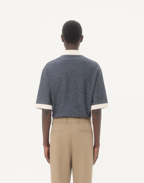 Valentino - Valentino Viscose T-shirt With Striped Vlogo Embroidery - Navy/butter - Man - T-shirts And Sweatshirts