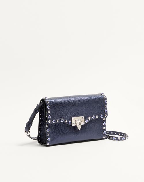 Valentino Garavani - Bandolera Pequeña Valentino Garavani Rockstud De Cuero De Becerro Laminado Con Cabujones - Azul Marino - Mujer - Bolsos De Hombro