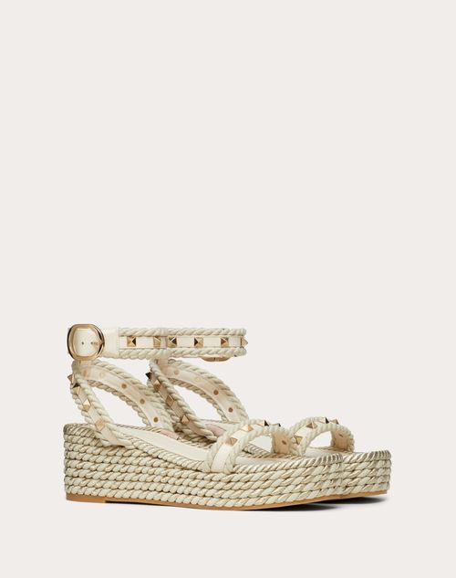 Valentino Garavani - Rockstud Flatform Sandal In Calfskin 45mm - Light Ivory - Woman - Espadrilles And Wedges