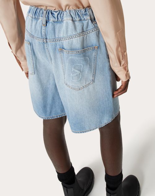 Denim Bermuda Shorts With Embossed Vlogo Signature for Man in Denim