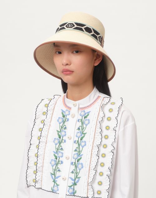 Valentino Garavani - Antibes Straw Bucket Hat With Leather Trim And Diamond Pattern Ribbon - Natural/black - Woman - Hats And Gloves