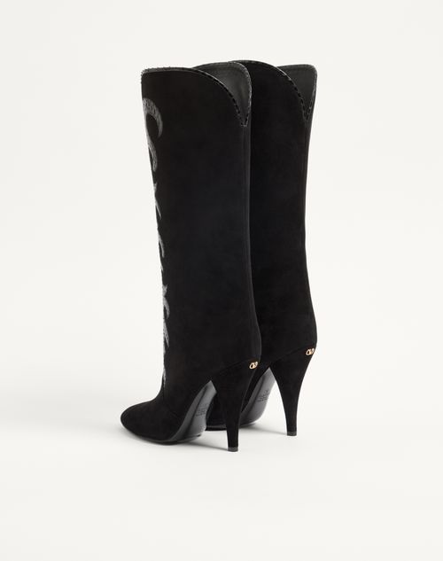 Valentino Garavani - Boutade Suede Boot With Elaphe Details 105mm - Black - Woman - Boots And Ankle Boots