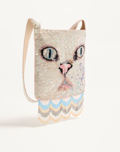 Valentino Garavani - Valentino Garavani Le Chat De La Maison Embroidered Shoulder Bag With Fringes - Butter - Woman - Shoulder Bags