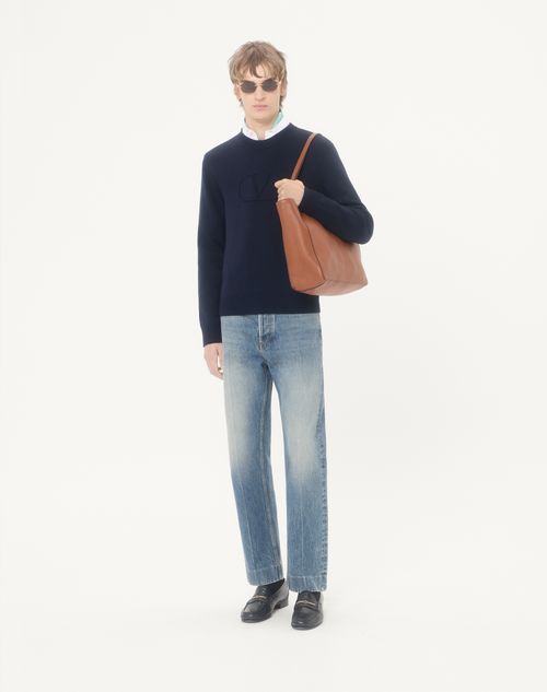 Valentino - Valentino Wool Sweater With Tone-on-tone Vlogo Signature Embroidery - Navy - Man - Knitwear