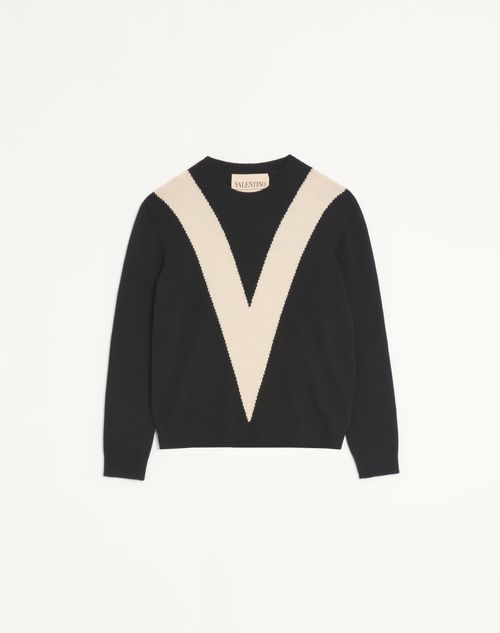 Valentino - Valentino Wool Sweater With Inlaid V - Black/butter - Man - Knitwear