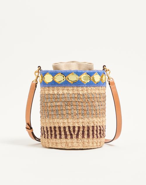 Valentino Garavani - Valentino Garavani Small Embroidered Bucket Bag In Raffia - Natural/azure - Woman - Shoulder Bags