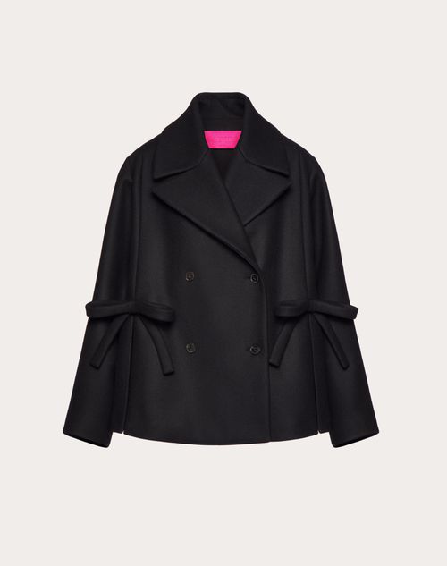 Valentino - Diagonal Double Wool Peacoat With Bow Details - Black - Woman - Coats And Outerwear