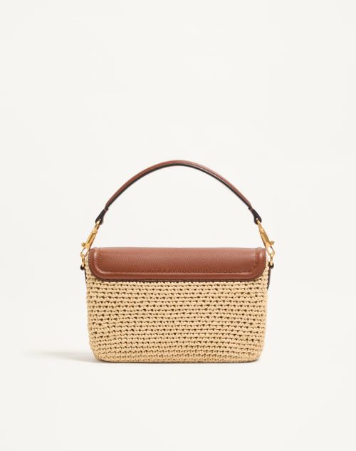 Valentino Garavani - Valentino Garavani Alltime Shoulder Bag In Raffia And Grainy Calfskin With Ribbon Strap Featuring Cherryfic Embroidery - Natural/saddle Brown - Woman - Shoulder Bags
