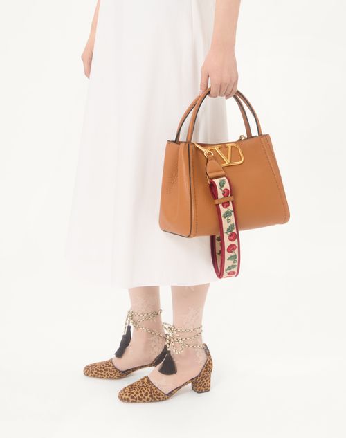 Valentino Garavani - Valentino Garavani Alltime Medium Handbag In Grainy Calfskin With Cherryfic Embroidered Ribbon Shoulder Strap. - Almond - Woman - Top Handle Bags