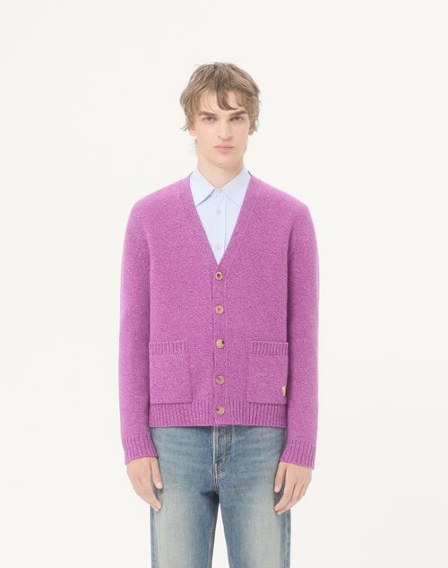 Valentino - Cardigan Valentino In Lana Mouliné Con Patch Farfalla Ricamata - Viola - Uomo - Maglieria