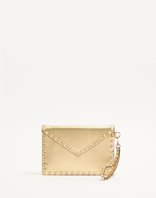 Valentino Garavani - Pochette Rockstud In Vitello Granato Laminato - Antique Brass - Donna - Valentino Garavani Rockstud