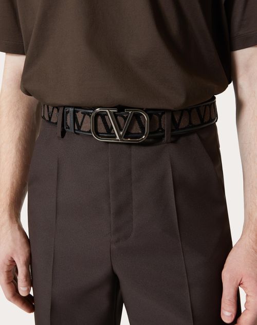 Valentino Garavani Men's Toile Iconographe Belt with Leather Detailing - Black - Belts