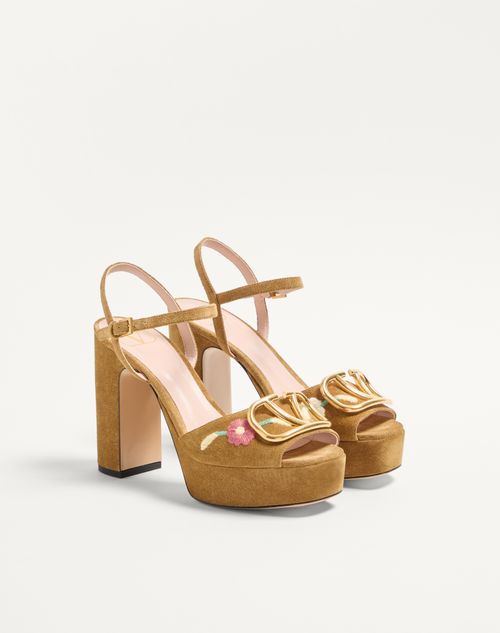 Valentino Garavani - Vlogo Signature Platform Sandal In Split Leather With Floral Embroidery 115 Mm - Havana Beige - Woman - Sandals