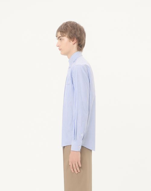 Valentino - Camicia In Cotone Con Ricamo Vlogo - Bianco/azzurro - Uomo - Camicie
