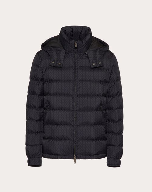 Valentino - Nylon Puffer Coat With Valentino Optical Motif - Navy Blue - Man - Outerwear