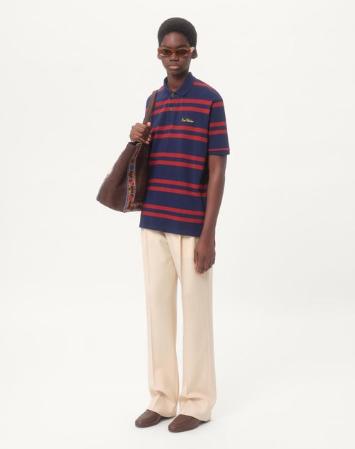 Valentino - Cotton Piqué Polo Shirt With Chez Valentino Embroidery - Blue/red - Man - New Arrivals