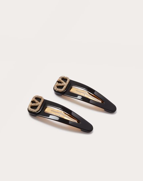 Valentino Garavani - Vロゴ シグネチャー スワロフスキー®クリスタル X メタル X レジン ヘアクリップ - ブラック/ゴールド/クリスタル - ウィメンズ - ヘアーアクセサリー