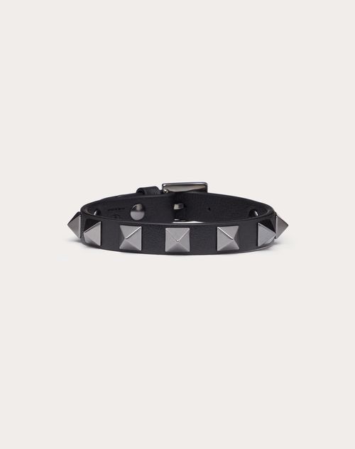 Rockstud Leather Bracelet With Ruthenium Studs for Man in Black