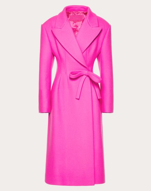 Valentino - Diagonal Double Wool Long Coat With Bow Detail - Pink Pp - Woman - Coats