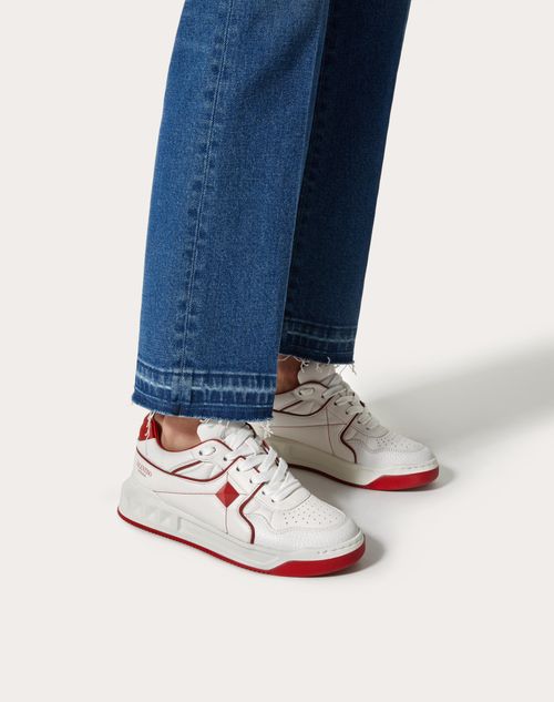 One Stud Low-top Calfskin Sneaker for Woman in White/valentino Red 