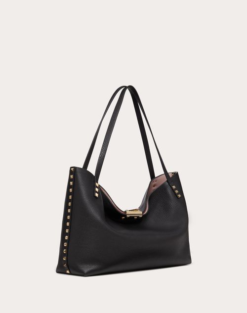 Valentino Garavani - Medium Rockstud Grainy Calfskin Bag With Contrasting Lining - Black/rose Quartz - Woman - Totes