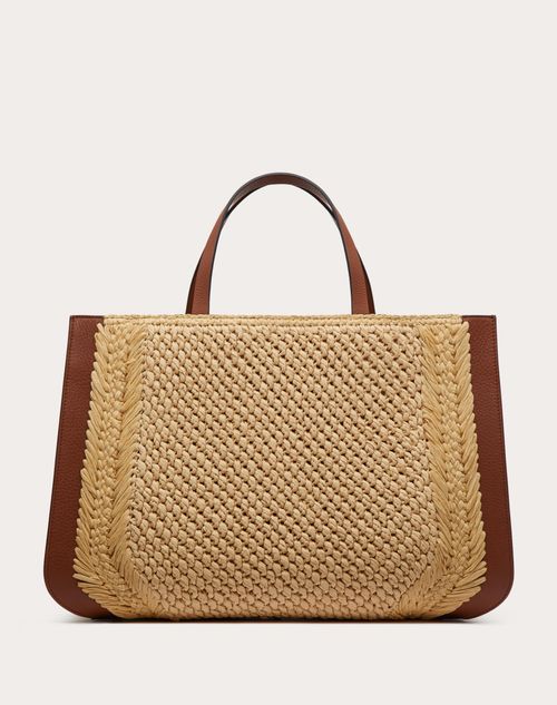 Vlogo Signature Embroidered Raffia Handbag for Woman in Natural/saddle  Brown