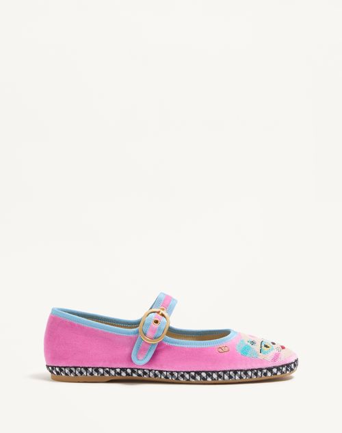 Valentino Garavani - Mary-jane Endouce Velvet Ballerina With Le Chat De La Maison Embroidery - Pink/baltic Blue - Woman - Ballerinas