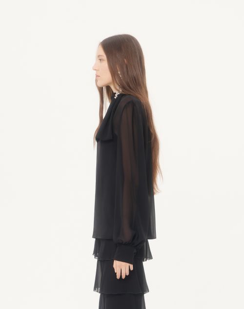 Valentino - Leichtes Georgette-top Mit Schal - Schwarz - Frau - Blusen Und Tops