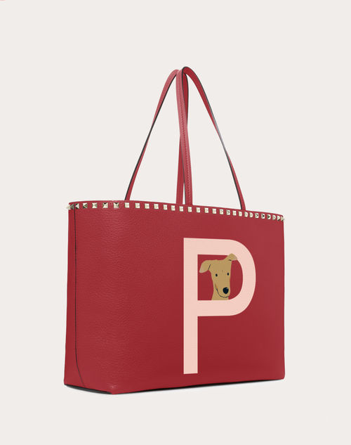Valentino Red Calfskin Leather Rockstud Double Handle Tote Bag