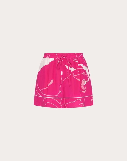Valentino - Short En Crêpe De Chine Panther - Pink Pp/blanc - Femme - Shorts Et Pantalons