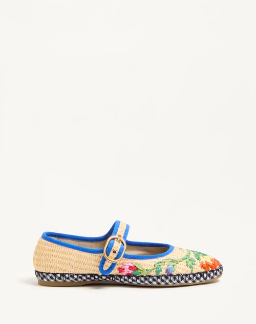 Valentino Garavani - Mary-jane Endouce Ballerina In Raffia With Floral Embroidery - Natural/multicolor - Woman - Ballerinas