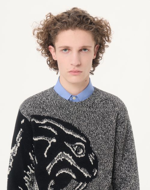 Valentino - Valentino Cotton And Mouliné Wool Jumper With Panther Jacquard - Ivory/black - Man - Knitwear