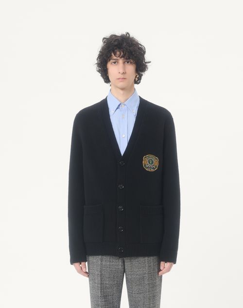 Valentino - Valentino Wool Cardigan With Embroidered Valentino Patch - Black - Man - Knitwear