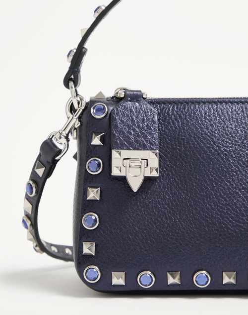Valentino Garavani - Valentino Garavani Rockstud Small Shoulder Bag In Laminated Calfskin With Cabochon Stones - Navy - Woman - Shoulder Bags