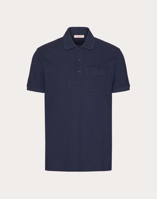 Valentino - Polo En Piqué De Coton Avec Élément En V Surpiqué - Bleu Marine - Homme - T-shirts Et Sweat-shirts