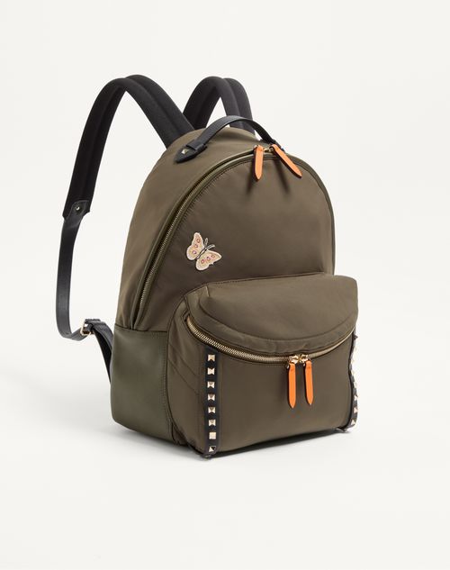 Valentino Garavani - Rockstud Backpack In Technical Fabric - Military Green - Man - Backpacks