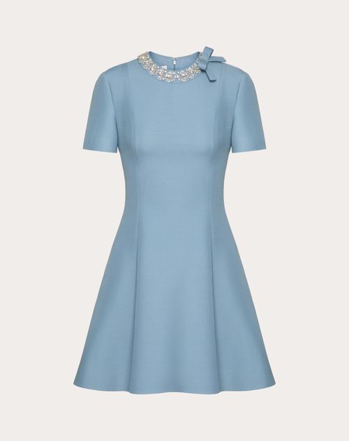 Valentino - Robe Courte Brodée En Crêpe Couture - Bleu D'azur/strass - Femme - Robes