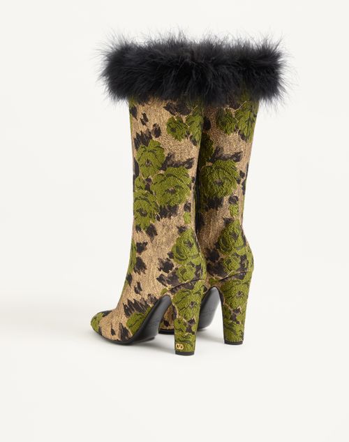 Valentino Garavani - Hotty Boot In Lurex Jacquard Fabric And Feathers 100mm - Gold/green - Woman - Boots And Ankle Boots