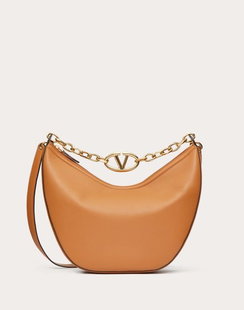 Valentino Garavani - Sac Hobo Moyen Vlogo Moon En Cuir De Veau Grainé Avec Chaîne - Amande - Femme - Sacs Porté Épaule