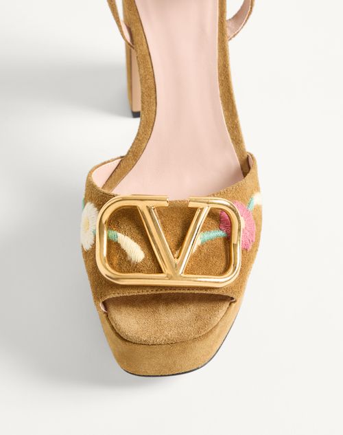 Valentino Garavani - Vlogo Signature Platform Sandal In Split Leather With Floral Embroidery 115 Mm - Havana Beige - Woman - Sandals