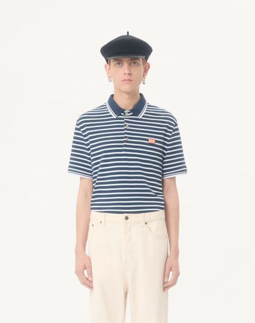 Valentino - Valentino Cotton Piqué Polo With Vlogo Patch - White/blue - Man - T-shirts And Sweatshirts
