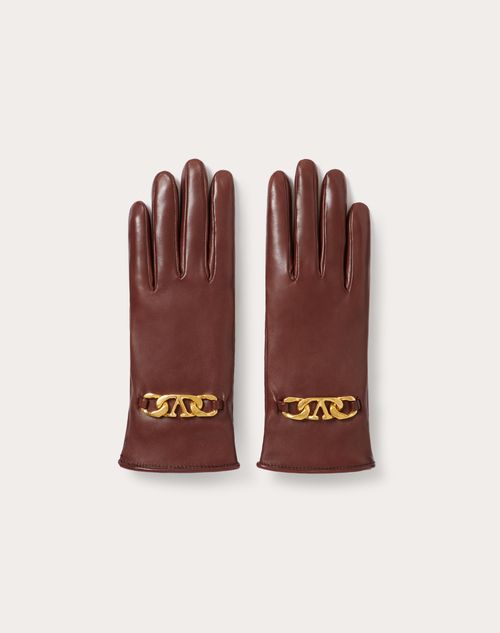 Valentino Garavani - Valentino Garavani Vlogo Chain Gloves In Nappa And Cashmere - Brown - Woman - Hats And Gloves