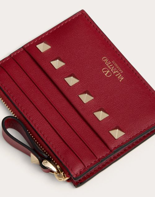 Valentino Garavani - Rockstud Calfskin Cardholder With Zipper - Rosso Valentino - Woman - Wallets And Small Leather Goods