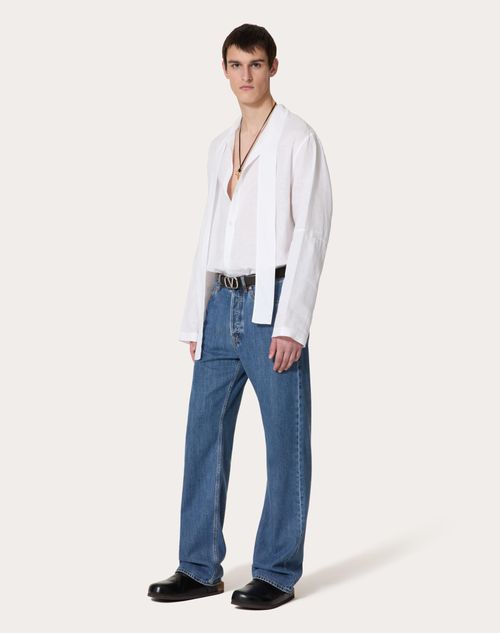 Valentino - Linen Shirt With Scarf Collar And Signature Vlogo Embroidery - White - Man - Ready To Wear