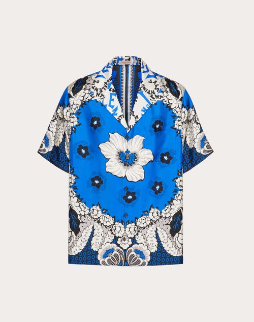 Valentino - Silk Twill Bowling Shirt With Valentino Bandana Flower Print - Blue/multicolor - Man - Pre Ss23 - M