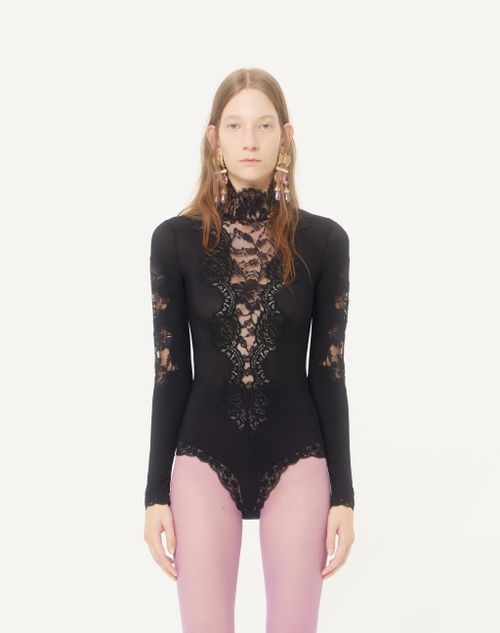 Valentino - Jersey Bodysuit With Lace - Black - Woman - Lingerie