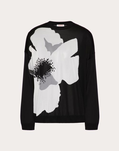 Valentino - Viscose Crewneck Sweater With Valentino Flower Portrait Inlay - Black/grey/ivory - Man - Knitwear